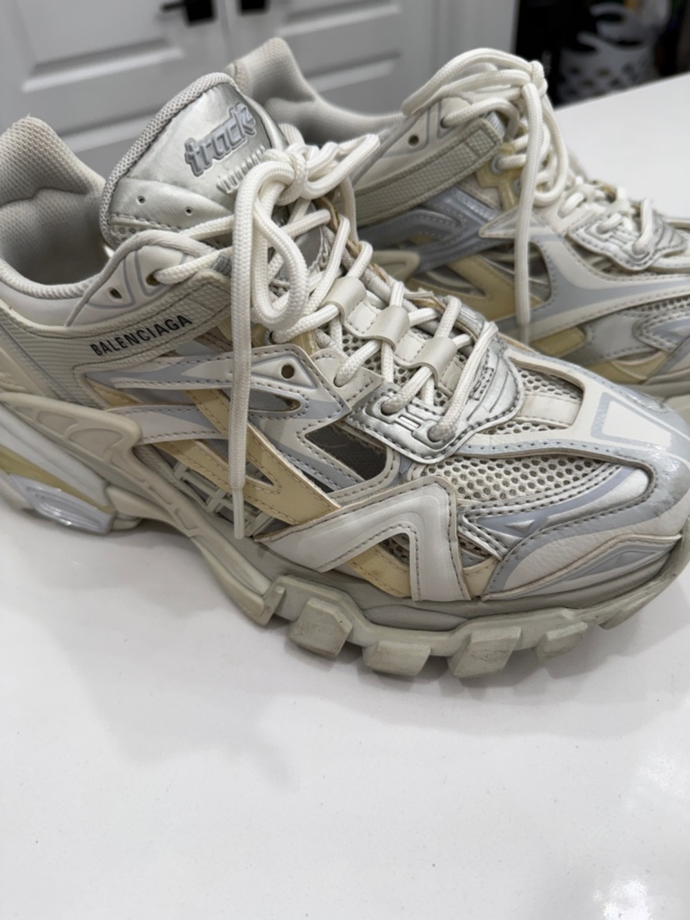 Balenciaga Layered Track Sneakers in White and Cream